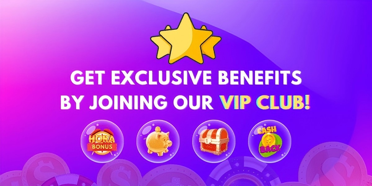Purple to pink VIP club banner reading Get Exclusive Benefits by Joining Our VIP Club, with gold stars and bonus wheel, piggy bank, treasure chest and cash-back icons
